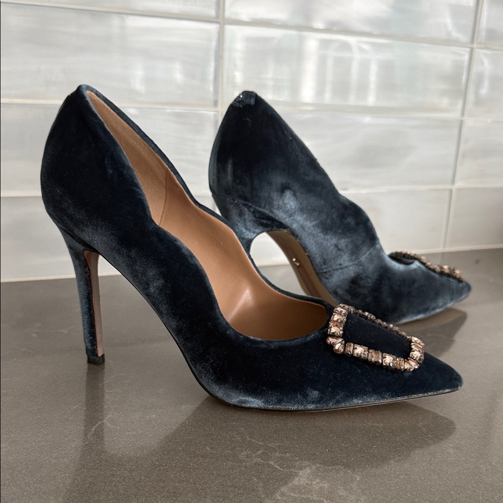 Sam Edelman Navy Velvet Heels with Embellished Buckle